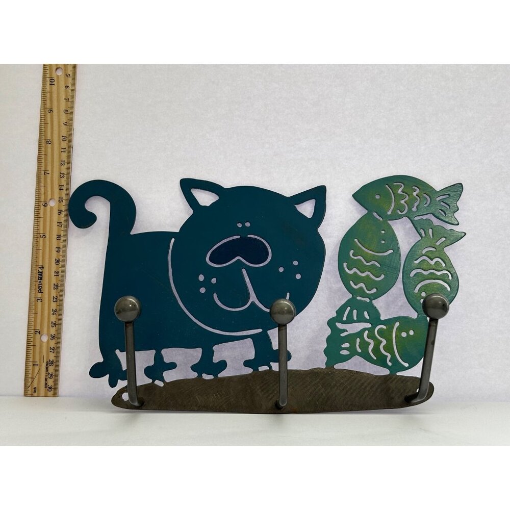 Kitty Cat & Fish Metal Wall Hook Decor Key Pet Leash Towel Hat Holder Whimsical - Picture 5 of 6